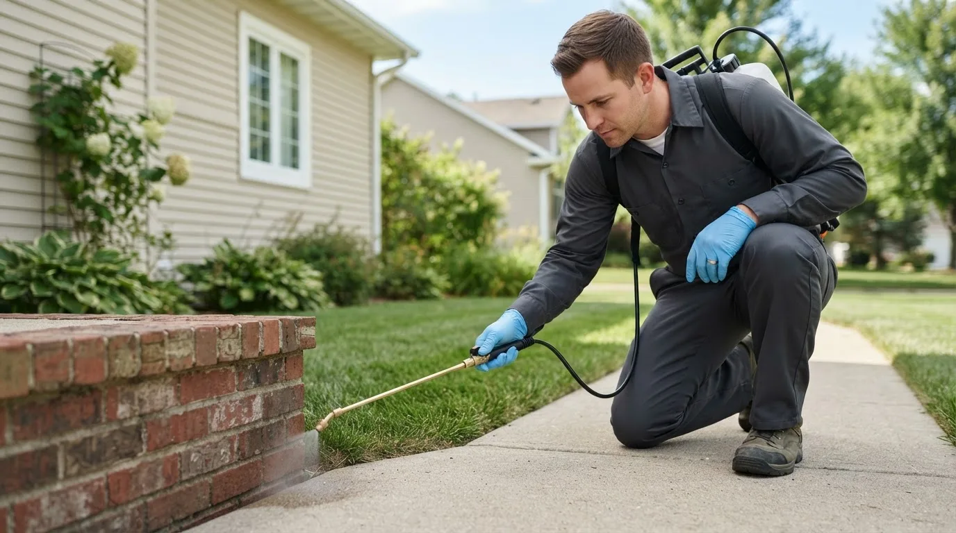 Pest control technician treating a home near Farmington, PA