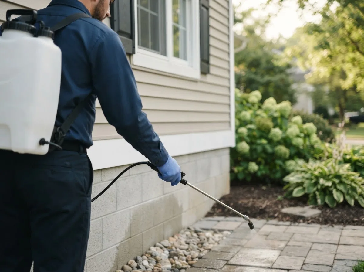 Pest control technician inspecting a home in Farmington, PA